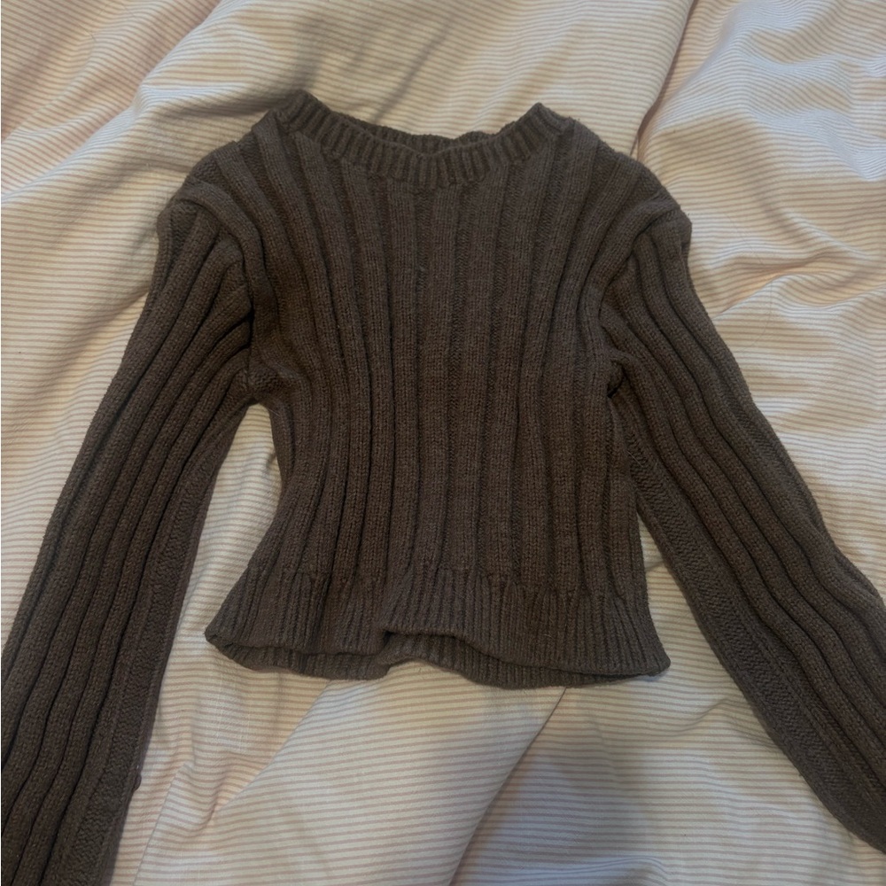 Zara Dark Brown Ribbed Crew Neck Sweater